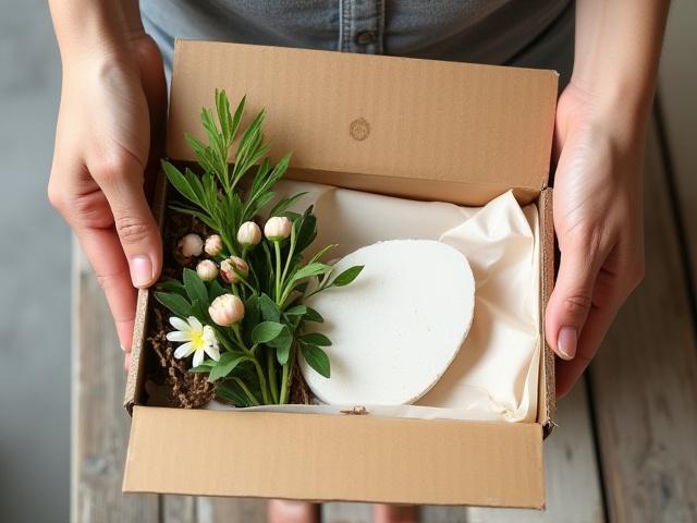 毎月届く、美しい花とミネラルの定期便。箱から取り出され、テーブルに飾られた新鮮な花と小さな鉱石。